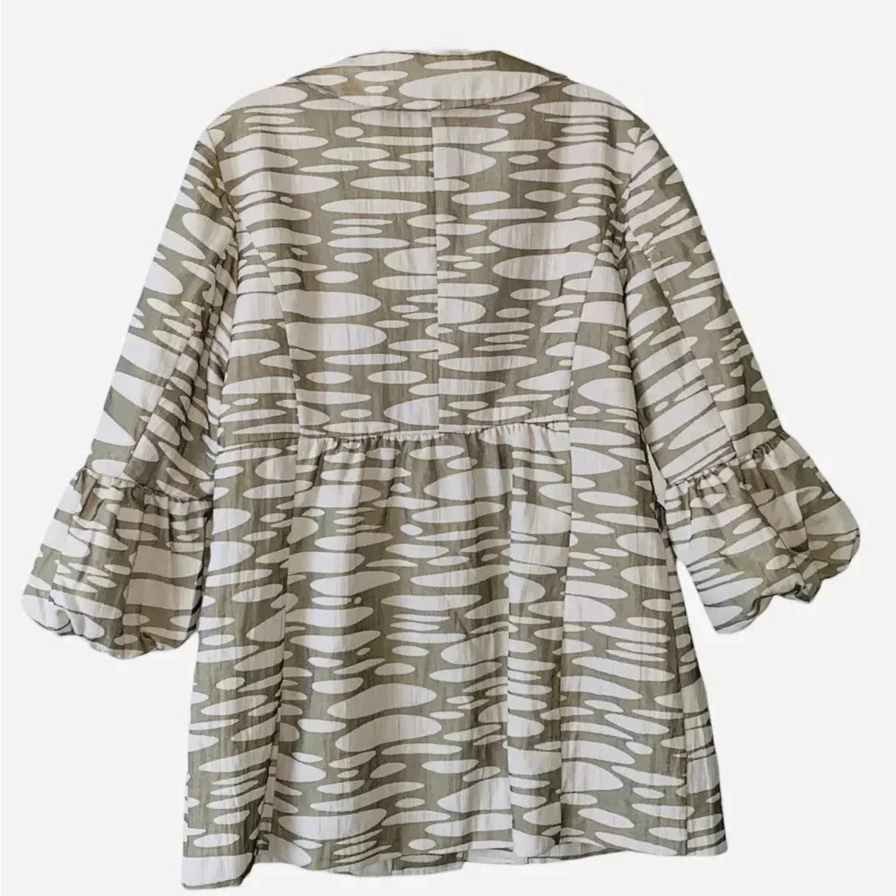 MAC & JAC* Sage & Ivory Animal Print Jacket Peplum Style 3/4 Puffy Sleeves Sz 10 - Picture 2 of 10